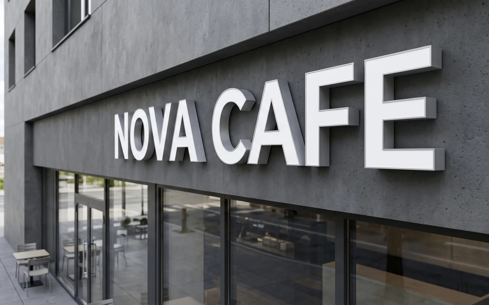 Design rendering: unlit trimless aluminum channel letters on a cafe facade in daylight