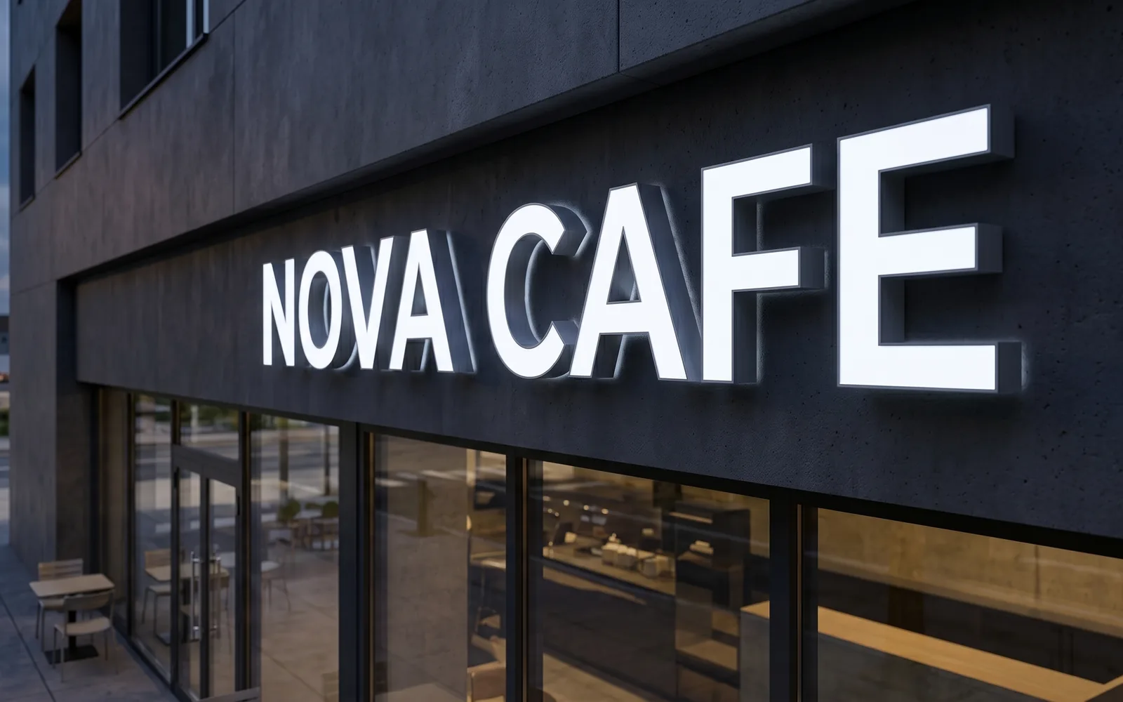 Design rendering: the same trimless aluminum letters lit at dusk