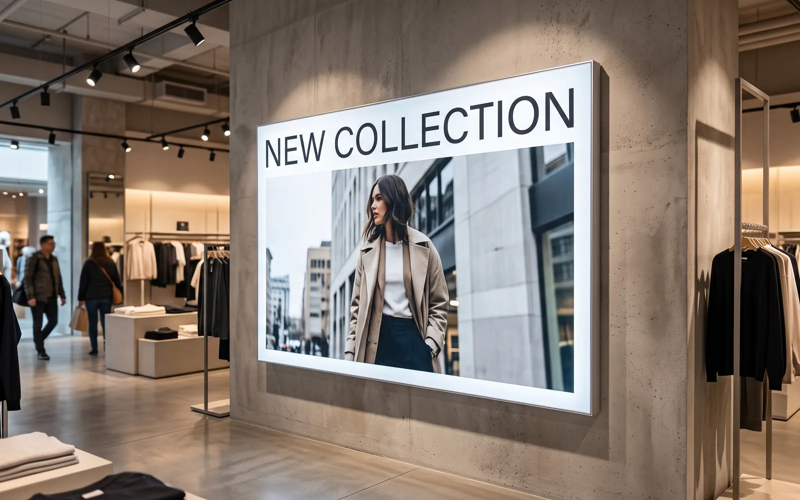 Design rendering: illuminated SEG fabric light box on a retail store wall