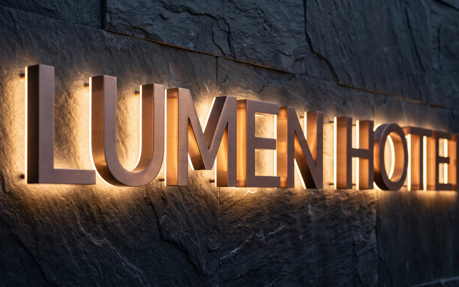 Design rendering: halo-lit bronze-finish metal letters glowing on a dark stone wall at dusk